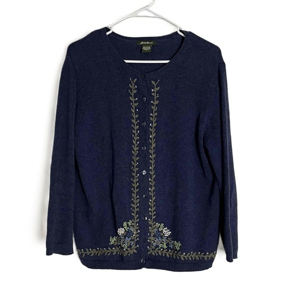 Eddie Bauer Sweaters - VTG Cottagecore Floral Embroidered Cotton Cardigan Eddie Bauer L Navy Blue Japan